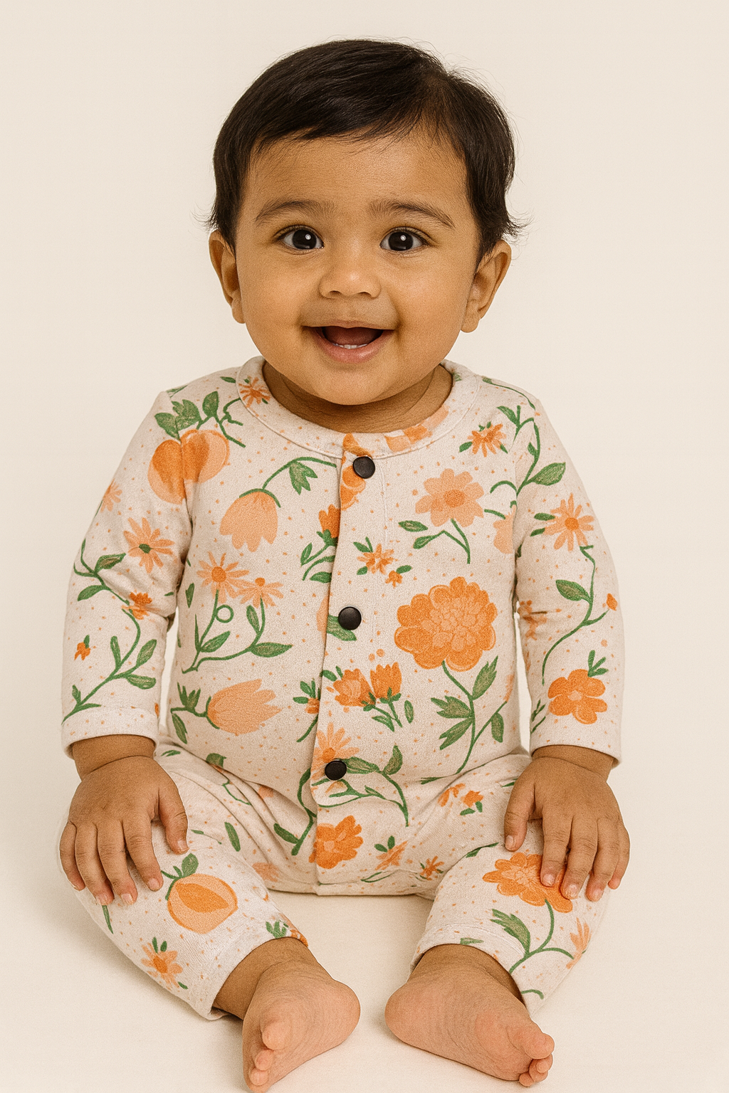 Front Open Full sleeves Cotton Tshirt with Pant (Orange 🍊 Flowers)