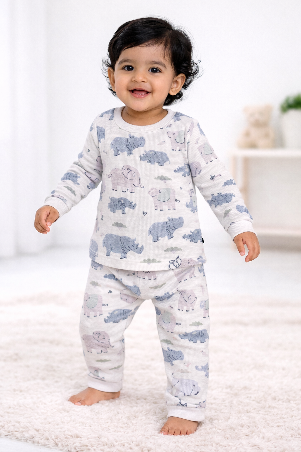 Premium Full sleeves Ribbed Tshirt with Pant (Big Grey Animals)