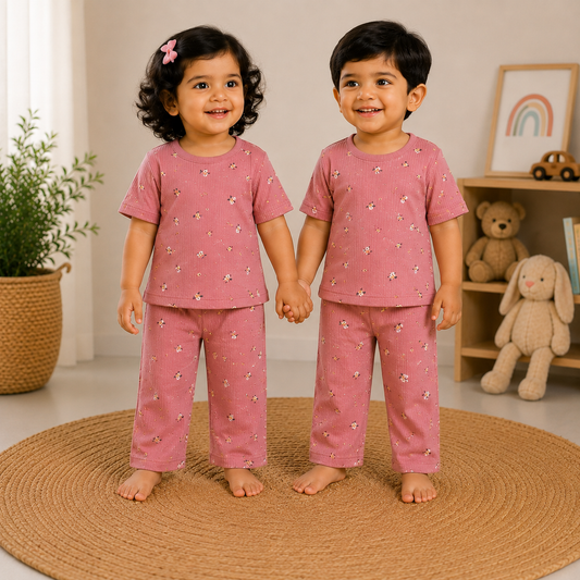 Premium Ribbed Cotton Half sleeves Tshirt with Pant (Peach 3 Flower)