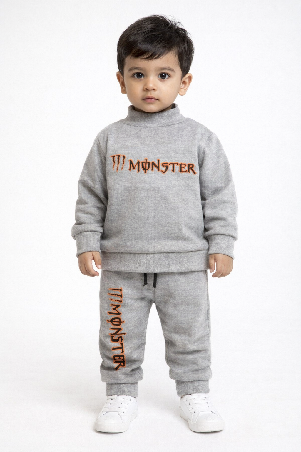 Premium Winter High Neck Pant Set For Kids(Grey -Monster)