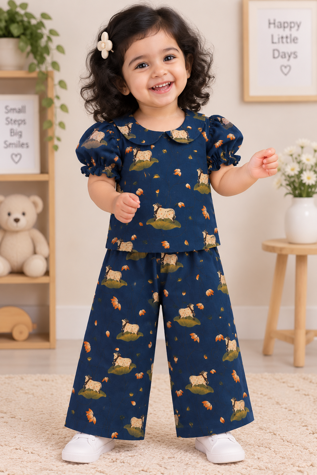 Girls Casual Cotton Printed Peter Pan Collar Top & Pant Co-ord Set (0-11 Yrs) (C055)(Navy Blue)