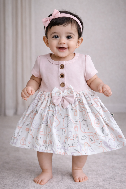 Cotton Front Button Bow Frocks(Light Peach clock animals)