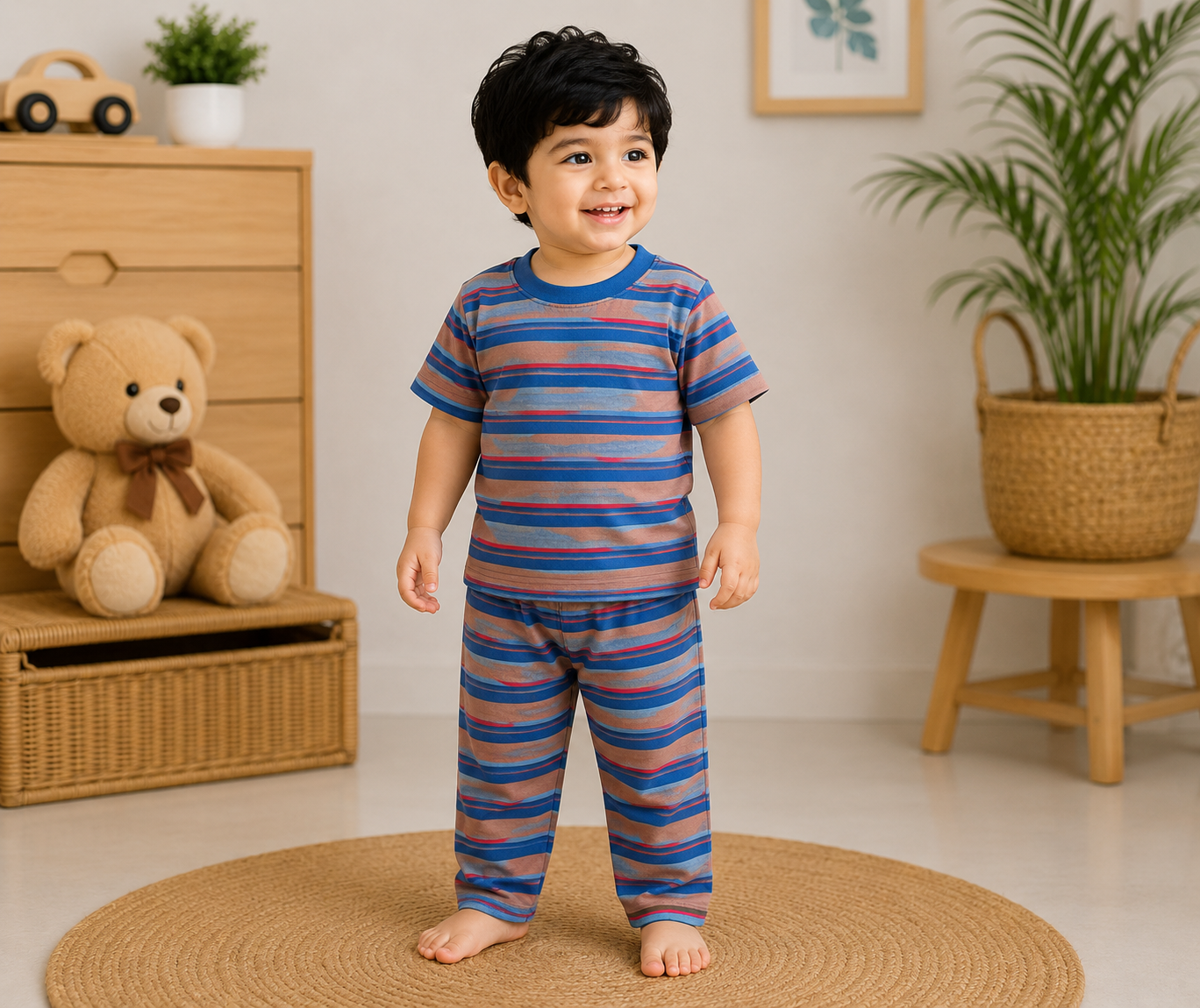 Soft Cotton Half sleeves Tshirt with Pant( Blue Sand Red Stripes)