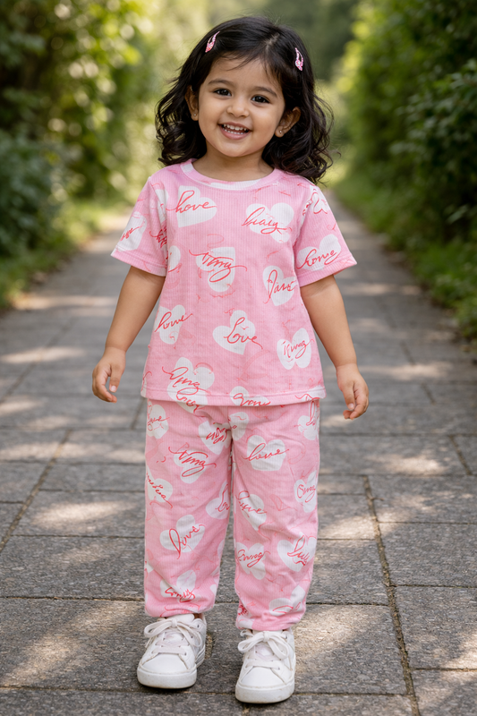 Half sleeves Tshirt with Pant (Pink Love Hearts)