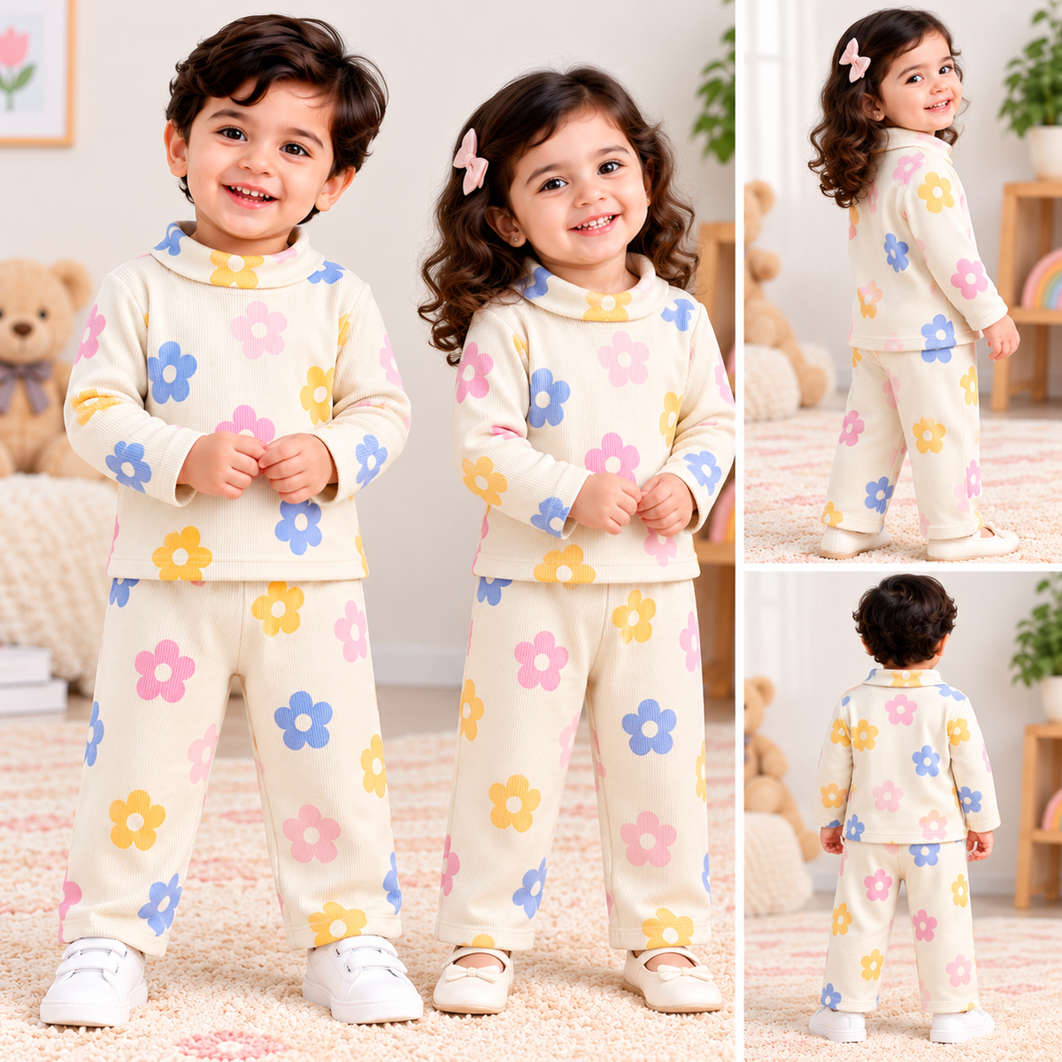 High Neck Ribbed  Full sleeves Tshirt with Pant (Colorful Flower)