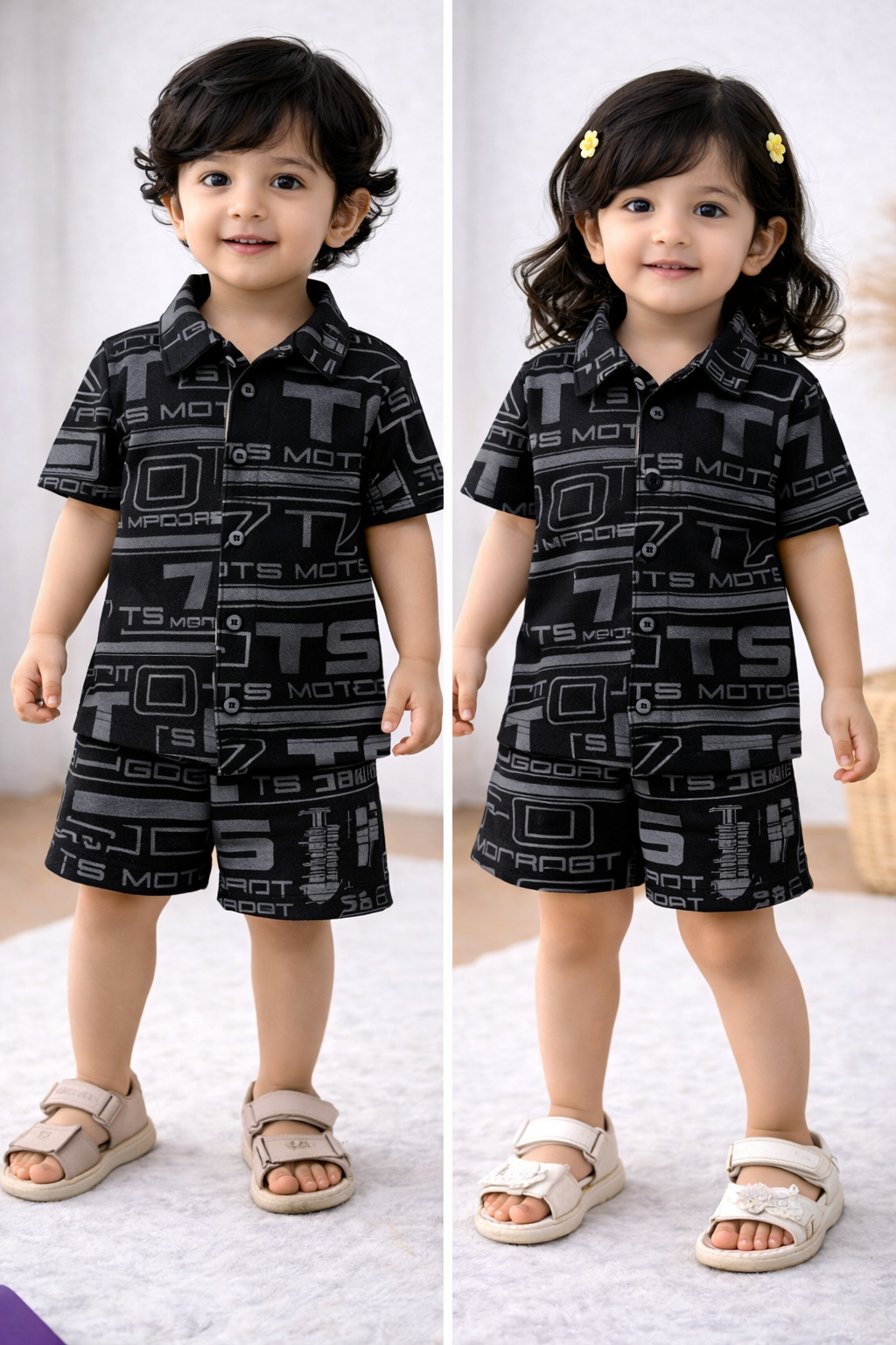 POLO Front open Tshirt with Shorts Sets (Black)