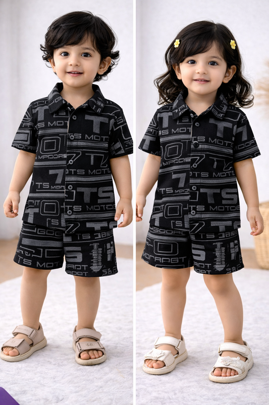 POLO Front open Tshirt with Shorts Sets (Black)