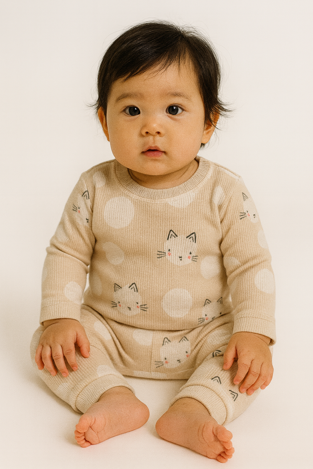 Premium Full sleeves Ribbed Tshirt with Pant (Beige Meow)