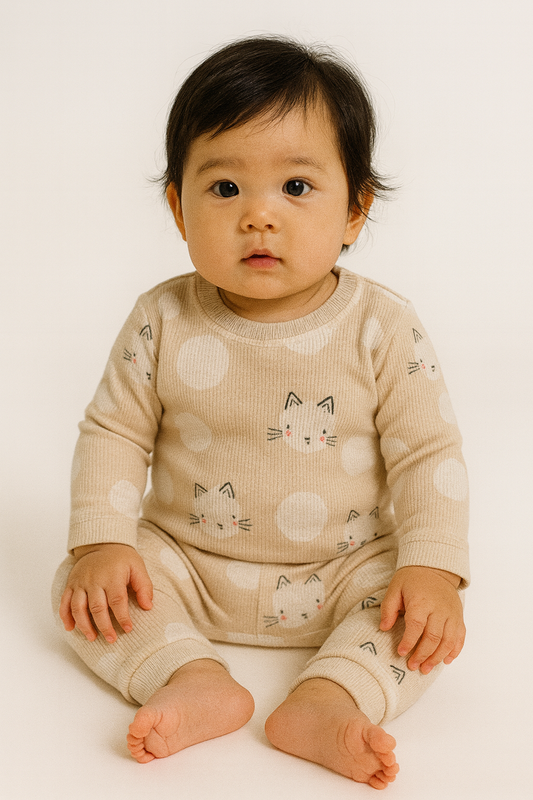 Premium Full sleeves Ribbed Tshirt with Pant (Beige Meow)