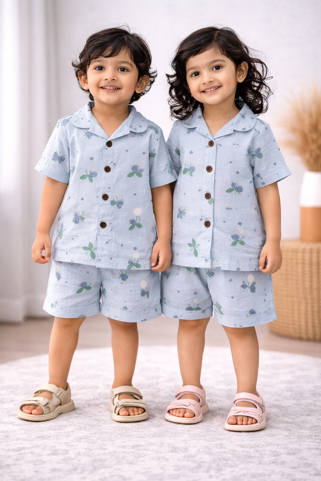 Airport - Crinkled Front open Tshirt with Shorts Sets ( Ice Blue Hello)