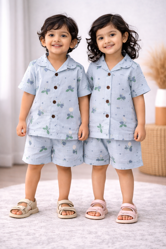 Airport - Crinkled Front open Tshirt with Shorts Sets ( Ice Blue Hello)
