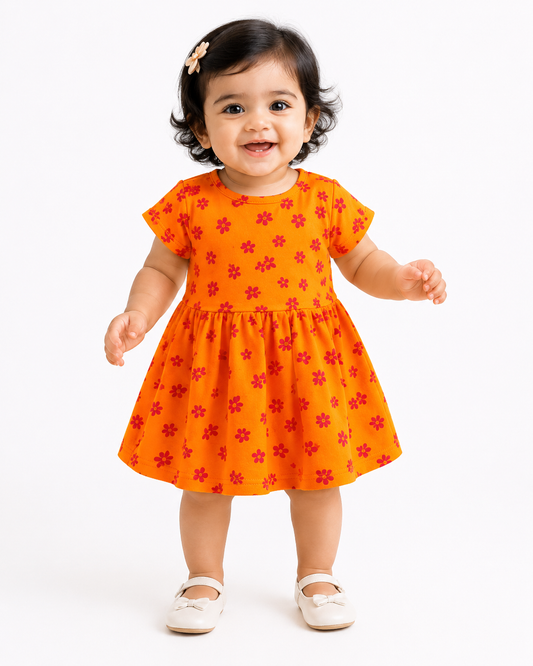Half Sleeves  Frocks (Dark Orange Flower)