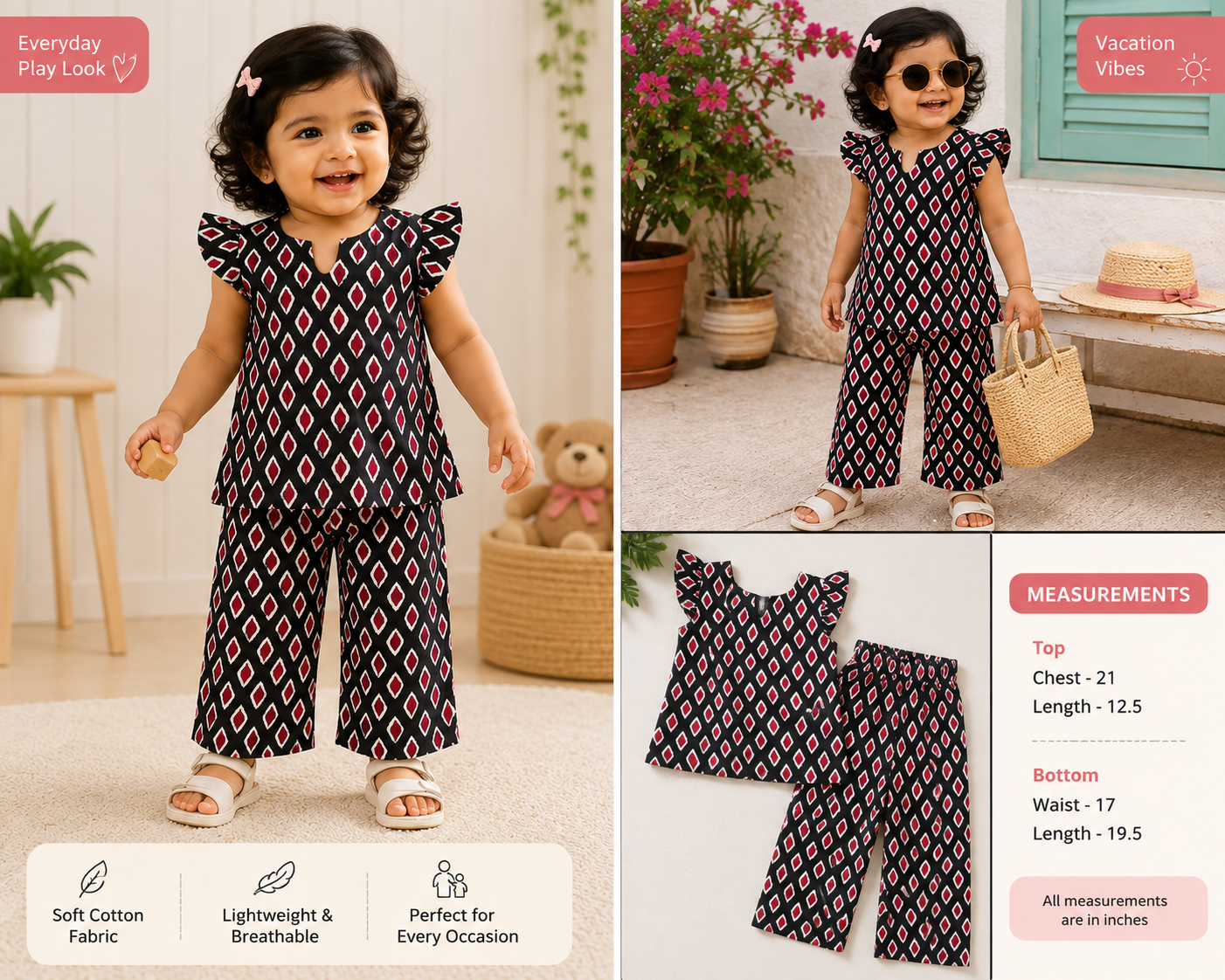 Girls Cotton Printed Co-ord Set - Black & Grey Geometric Pattern - Butterfly Sleeve Top & Pant - Toddler Model - Sanright