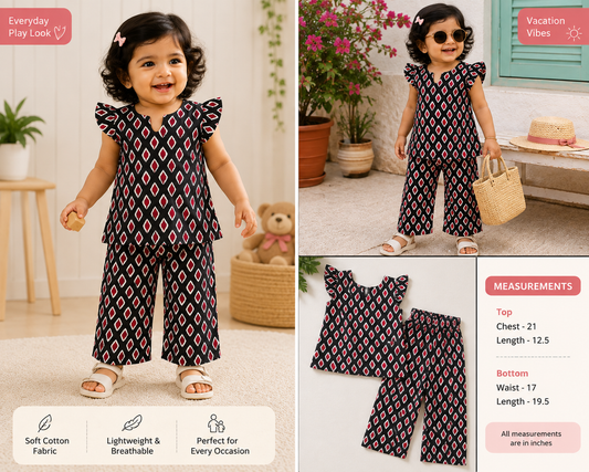 Girls Cotton Printed Co-ord Set - Black & Grey Geometric Pattern - Butterfly Sleeve Top & Pant - Toddler Model - Sanright