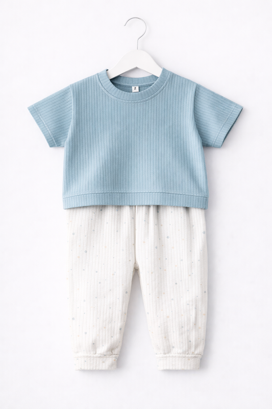 Premium Ribbed Half sleeves Tshirt with Contrast Pant( Blue Small Dots)