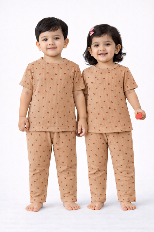 Premium Ribbed Half sleeves Tshirt with Pant (Small beige Bunch)