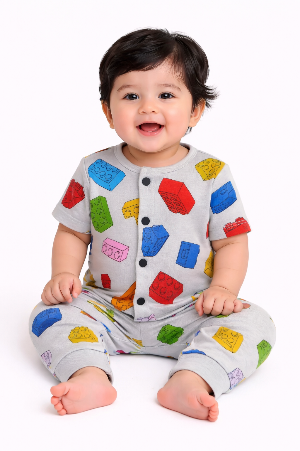 Front Open Half sleeves Cotton Tshirt with Pant (Cute Blocks)