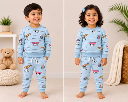 Premium Winter Full Sleeves T-Shirt with Pant (Sky Blue Pink Boat)