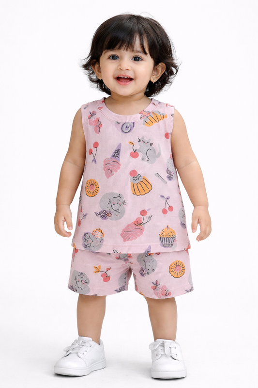 Ribbed  Sleeveless Shorts Sets (Pink Ice and Cakes)