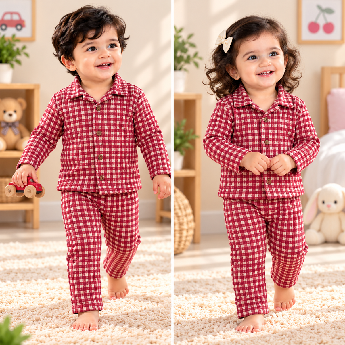 Kids’ Ribbed Collar Full-Sleeve Night Suit – Classic Checks (NS004)
