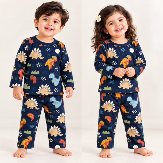 Premium Winter Full Sleeves T-Shirt with Pant (Navy Dino) (Fleece)