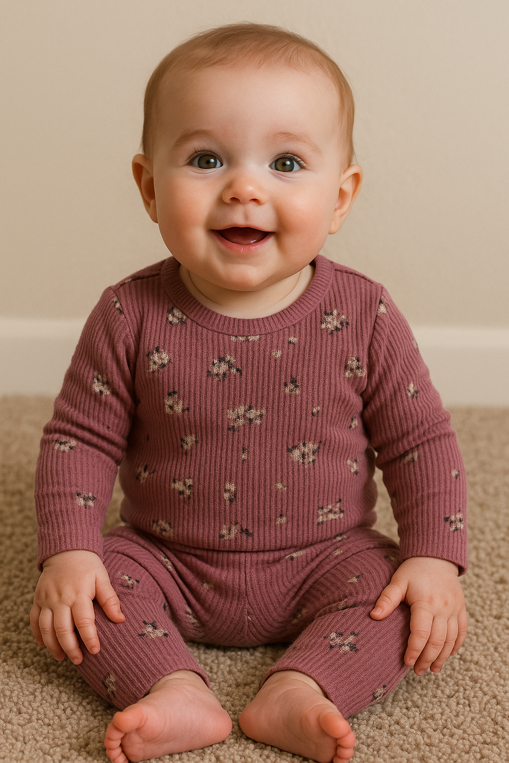 Premium Full sleeves Ribbed Tshirt with Pant (Cute Burgundy Flowers