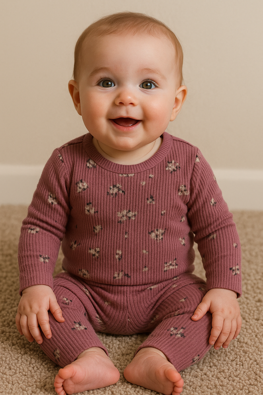 Premium Full sleeves Ribbed Tshirt with Pant (Cute Burgundy Flowers