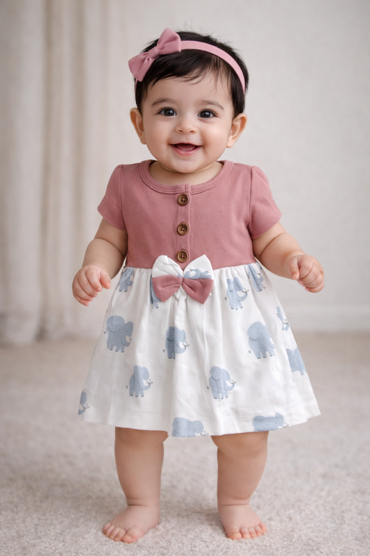 Cotton Front Button Bow Frocks(Lite Brown with Blue Elephant)