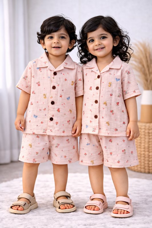 Airport - Crinkled Front open Tshirt with Shorts Sets (Pink Butterfly Flower)