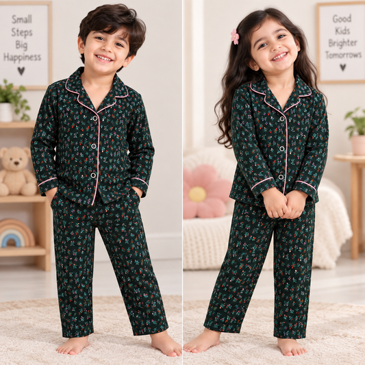 Premium Ribbed Collar full Sleeves Night Suit Sets (Bottle Green Florals)