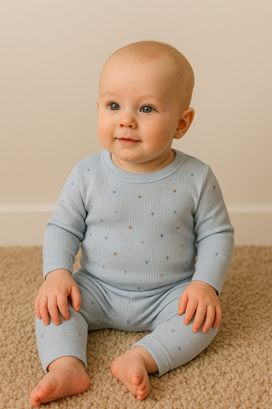 Premium Full sleeves Ribbed Tshirt with Pant (SkyBlue Stars)