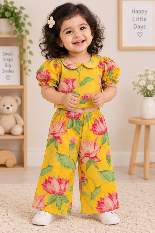 Girls Casual Cotton Printed Peter Pan Collar Top & Pant Co-ord Set (0-11 Yrs) (C053)(Yellow) )