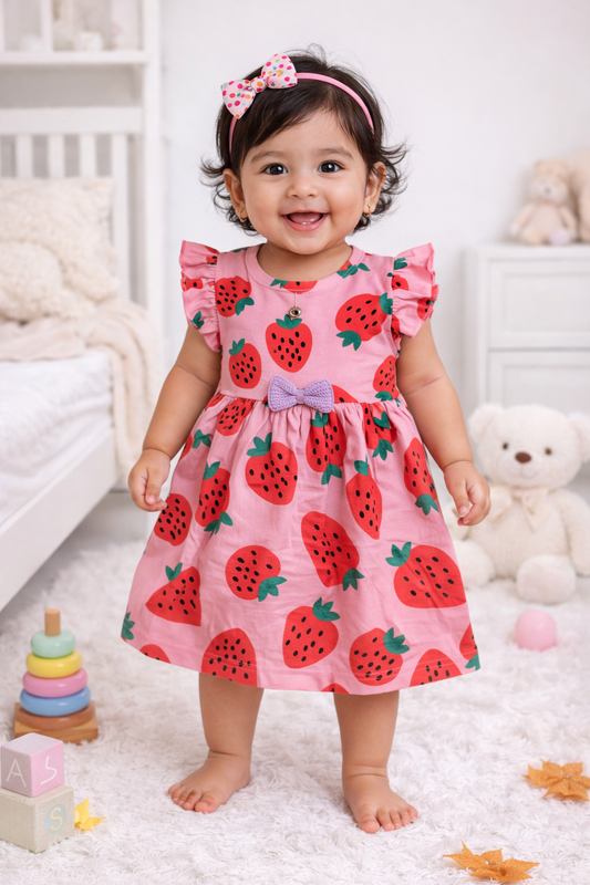 Half Sleeves Frill Frocks with BOW (Pink &  Cherry)