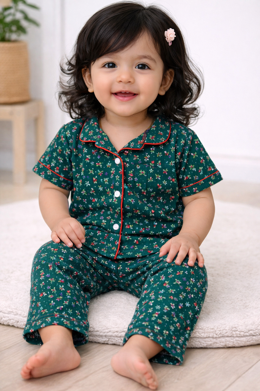 Premium Half Sleeves Collar Ribbed Tshirt with Pant (Bottle Green)