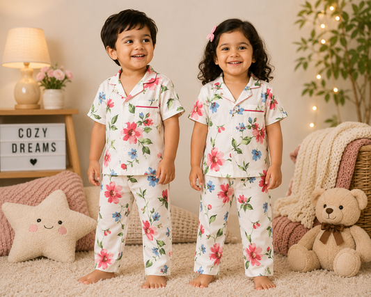 Premium Cotton Collar Half Sleeves Night Suit Sets (Cream Green Leaf)