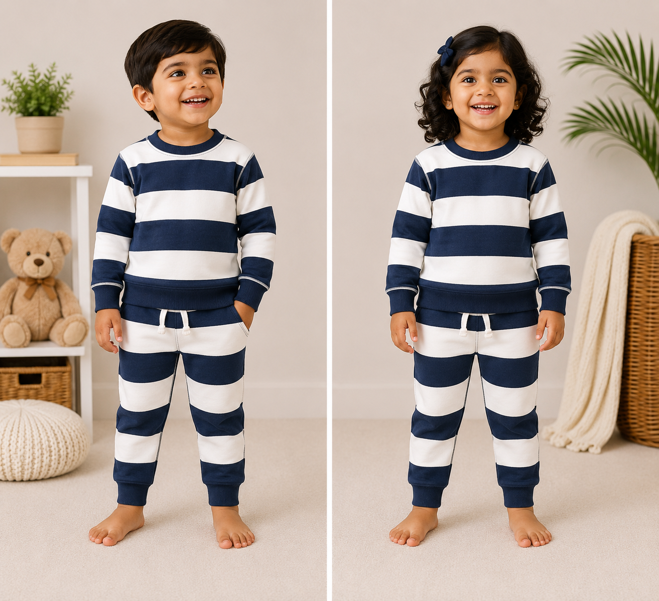 Premium Winter Full Sleeves T-Shirt with Pant (White Navy Stripes)