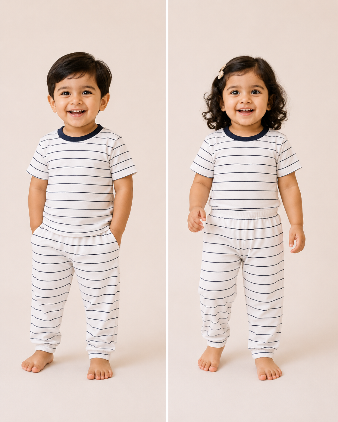 Soft Cotton Half sleeves Tshirt with Pant( White Navy  Stripes 2)