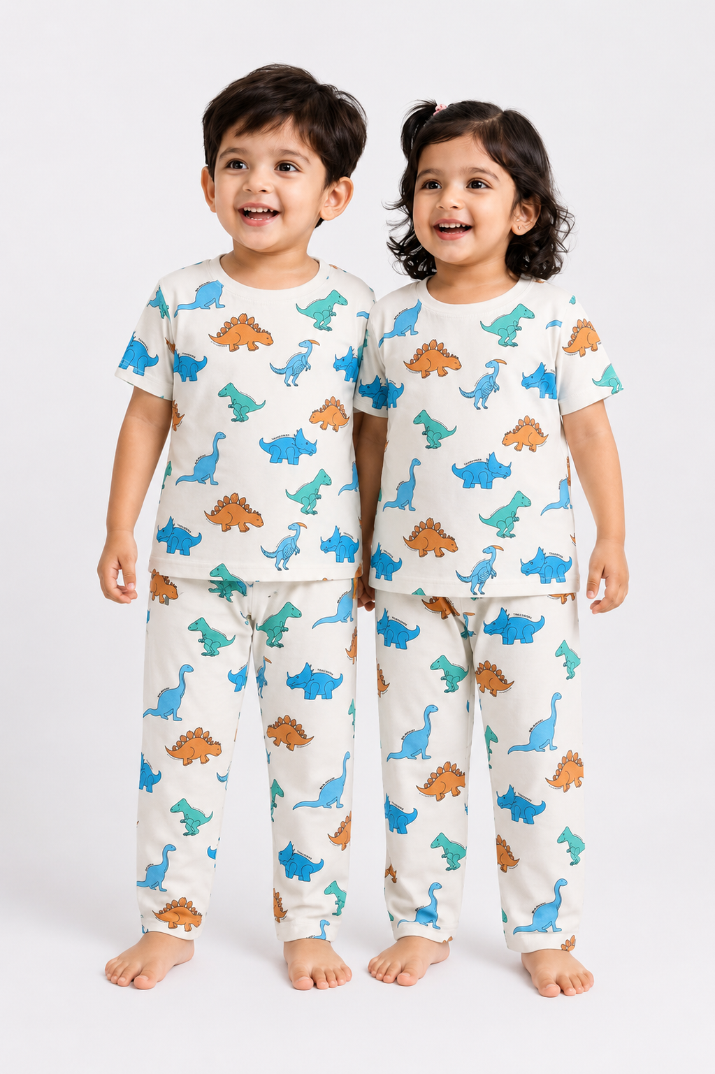 (CP004) - Premium Cotton Half sleeves Tshirt with Pant (Cream Dinos)
