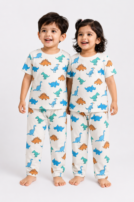 (CP004) - Premium Cotton Half sleeves Tshirt with Pant (Cream Dinos)