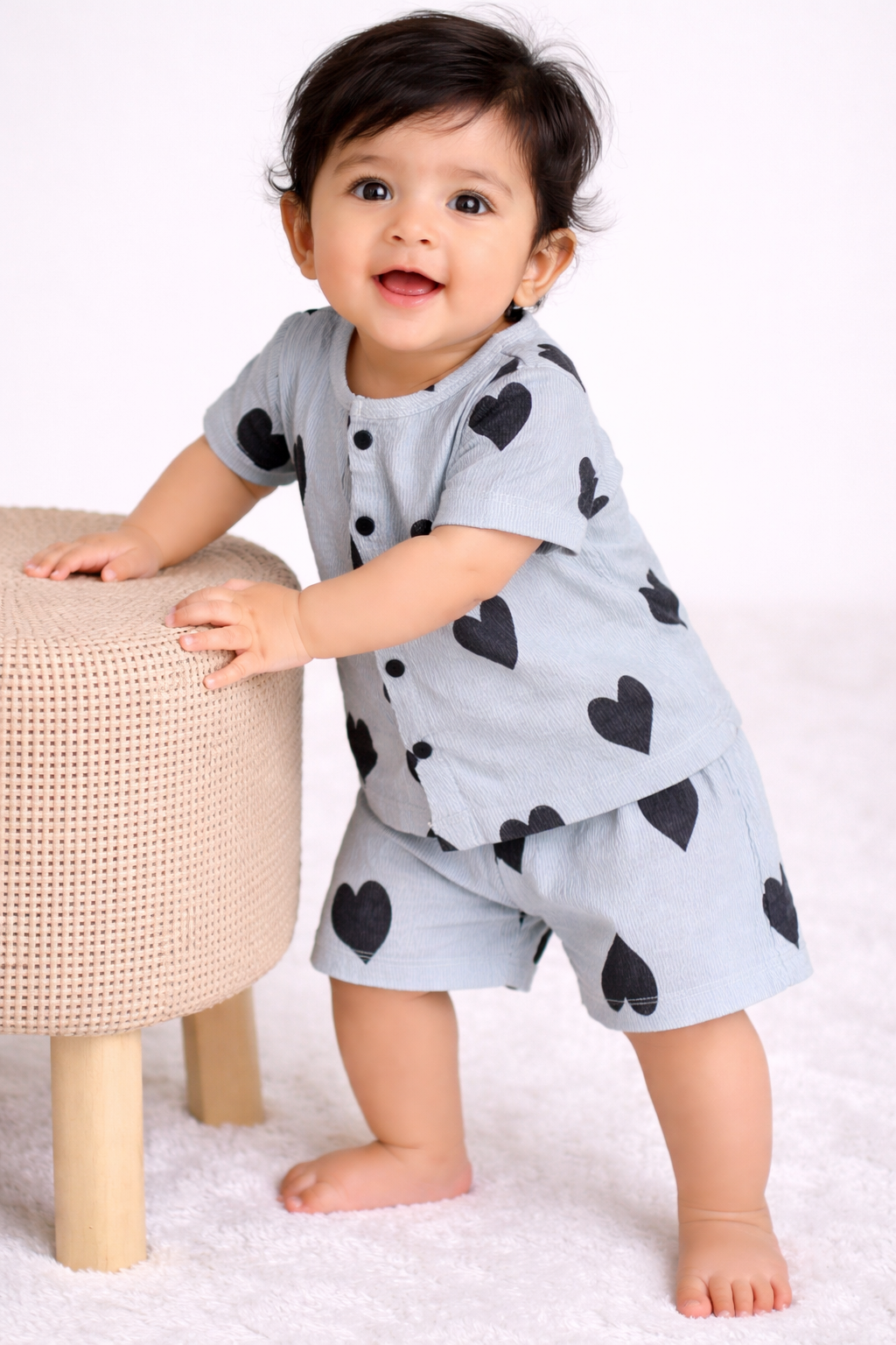 Airport - Crinkled  Front open Tshirt with Shorts Sets (Black Big Hearts)