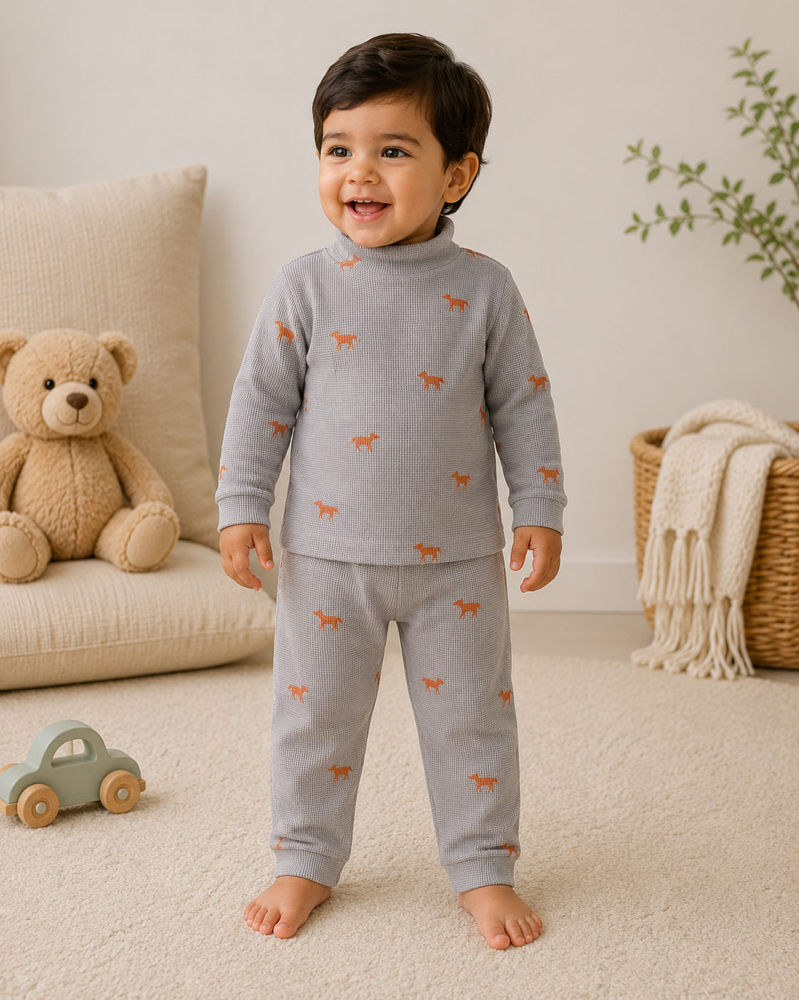 High Neck Ribbed  Full sleeves Tshirt with Pant (Brown Fox)