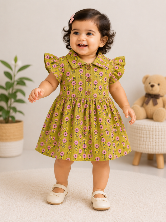 Collared Frill Frocks ( Gold Pink Flower)