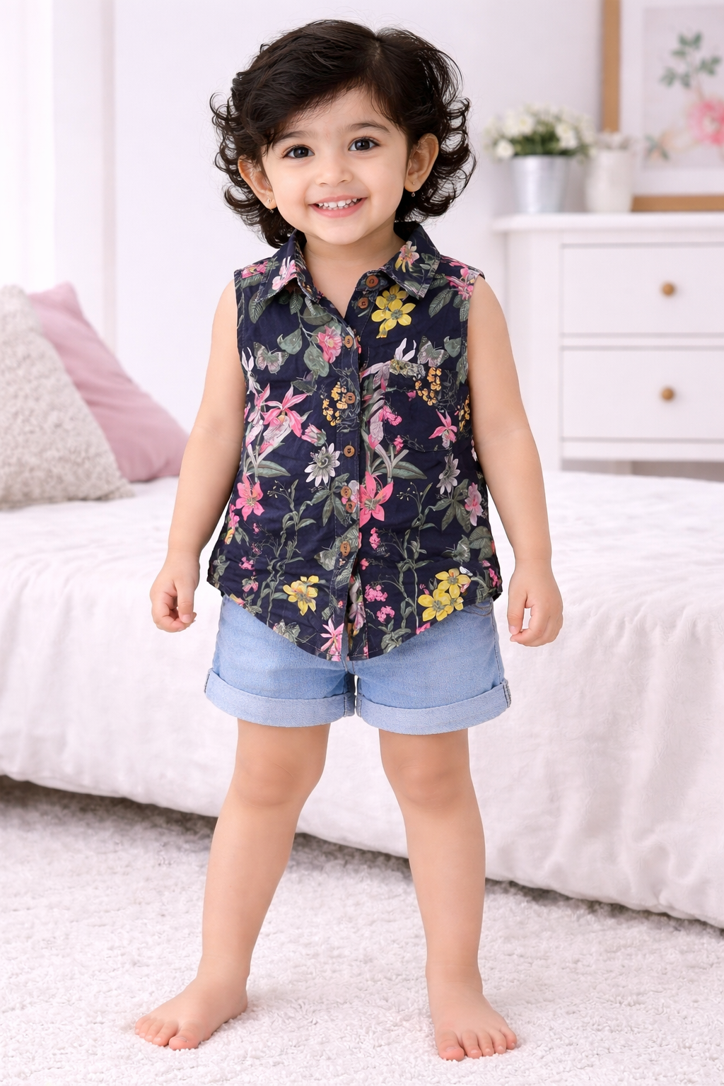 Airport - Woven TailCut Tops For Girl Babies (Navy Blue Flowers)