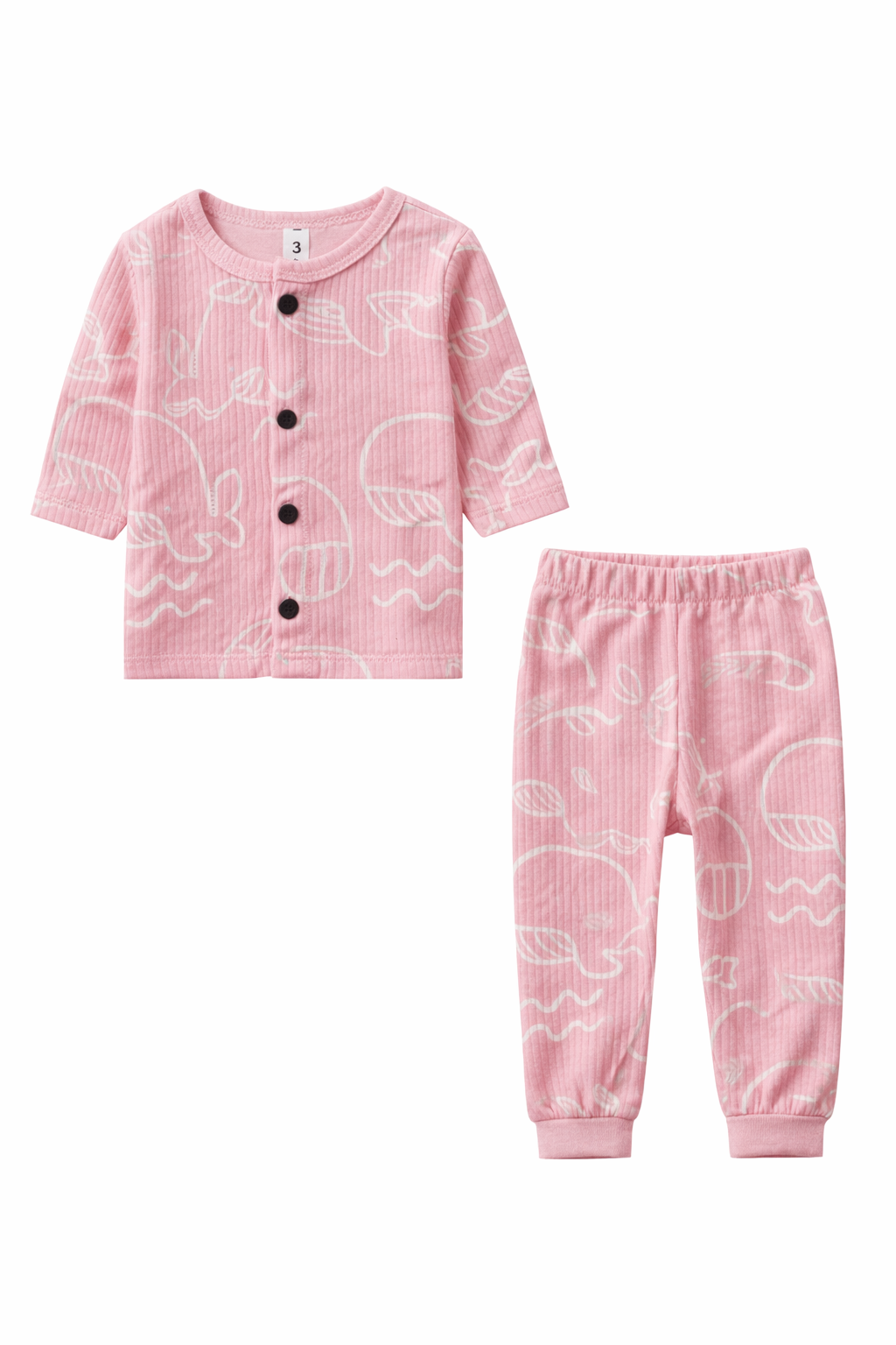 Front Open Full sleeves Ribbed Tshirt with Pant (Cute Pink Fish)