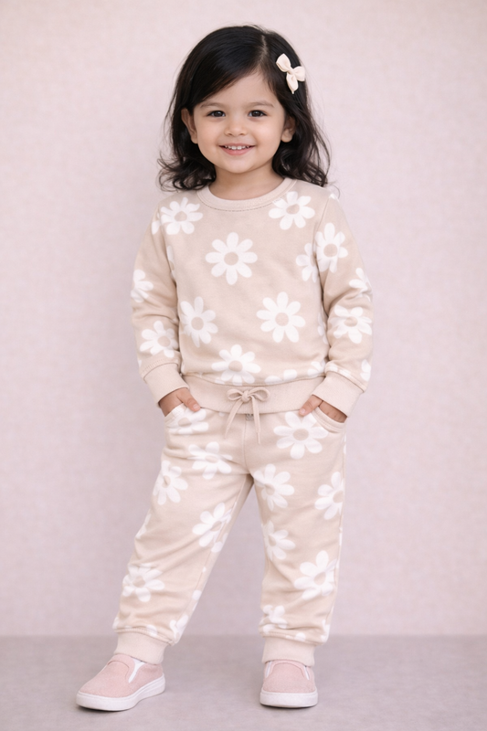 Premium Winter Full sleeves Tshirt with Pant (Beige Daisy)