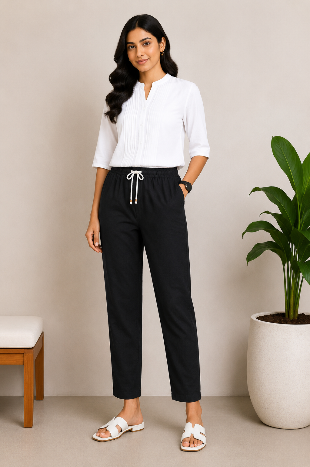 Linen Cotton Straight Pants for Women (Classic Black)