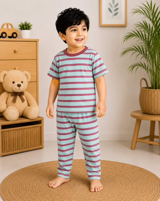 Soft Cotton Half sleeves Tshirt with Pant(Hibiscus Stripes)