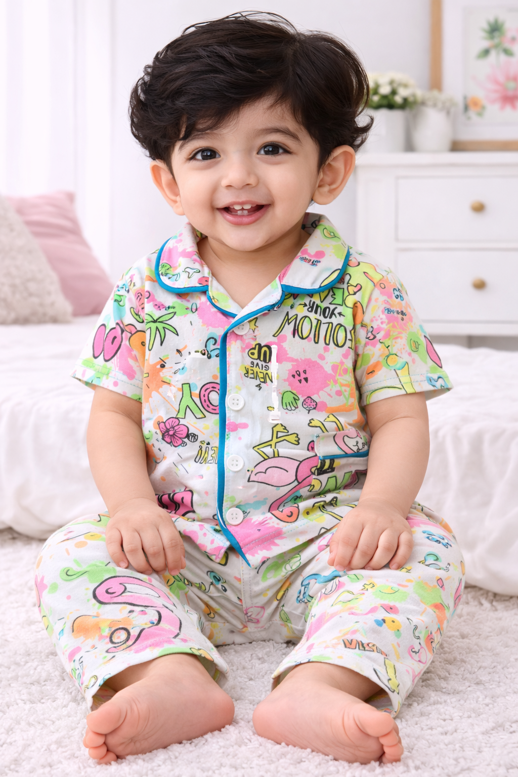 Kid's Collar night Suits (White "Follow")