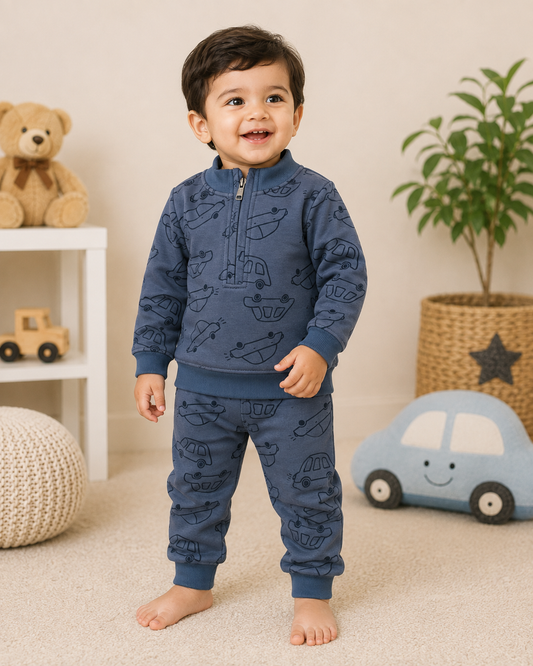 Premium Fleece Winter Set – High Neck Invisible Zip T-Shirt With Cuffed Pant (Navy Blue Cars)