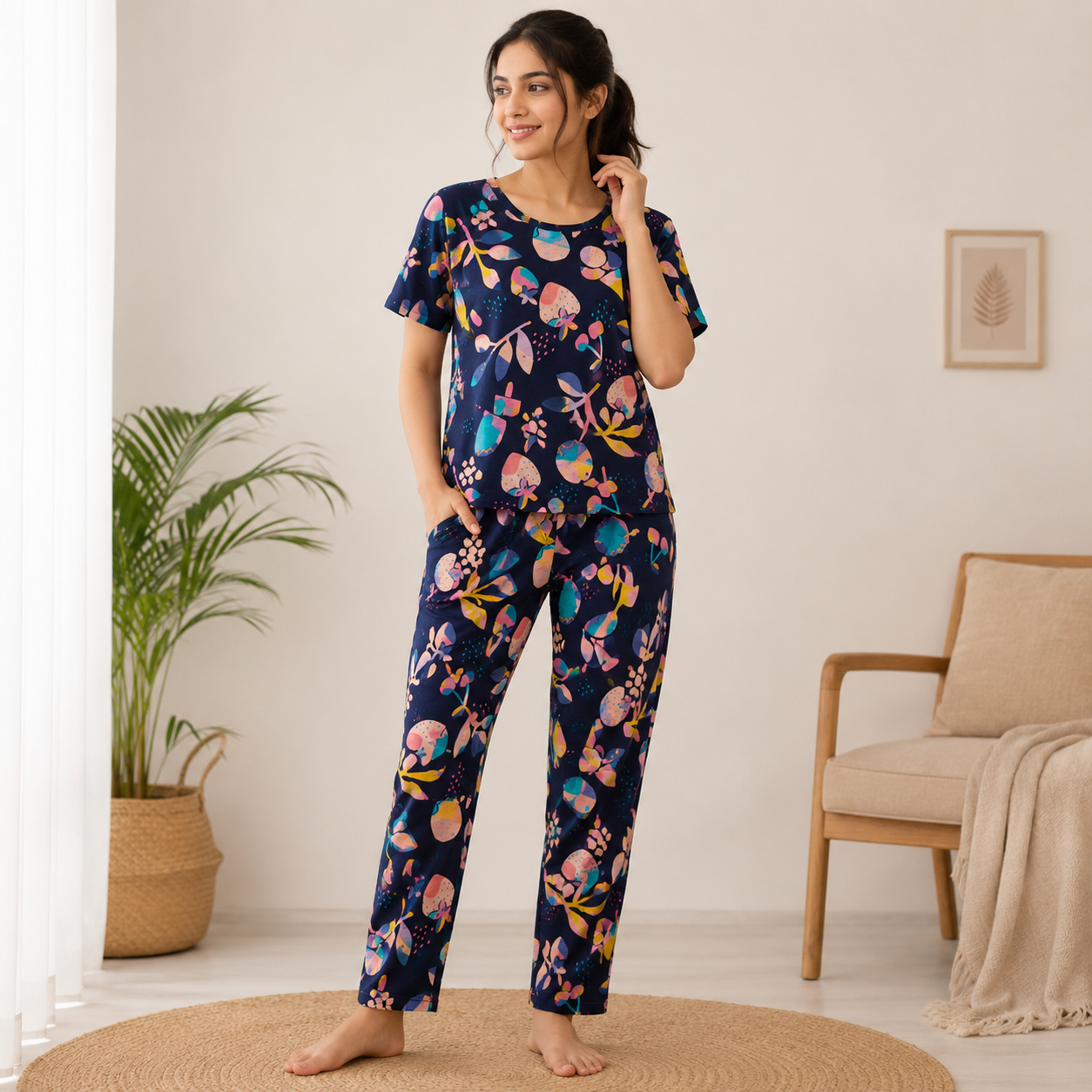Women's Premium Cotton T-Shirt & Pant Co-Ord Set Lounge Wear With Pocket (Ice Cream & Strawberry) ) (Copy)